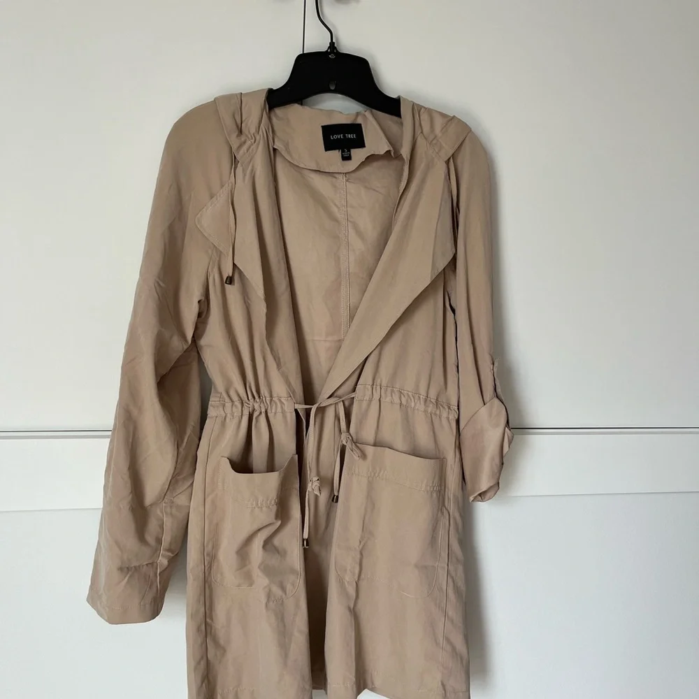 Love Tree Beige Lightweight Hooded Trench Coat with Drawstring Waist - Picture 3 of 5